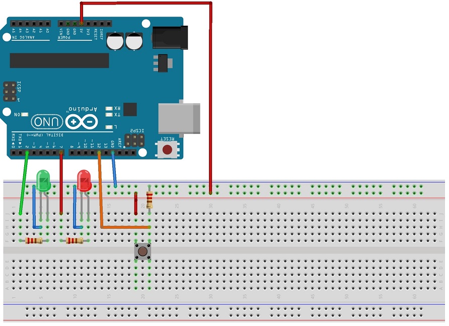 Схема подключения кнопки к Arduino (в железе).